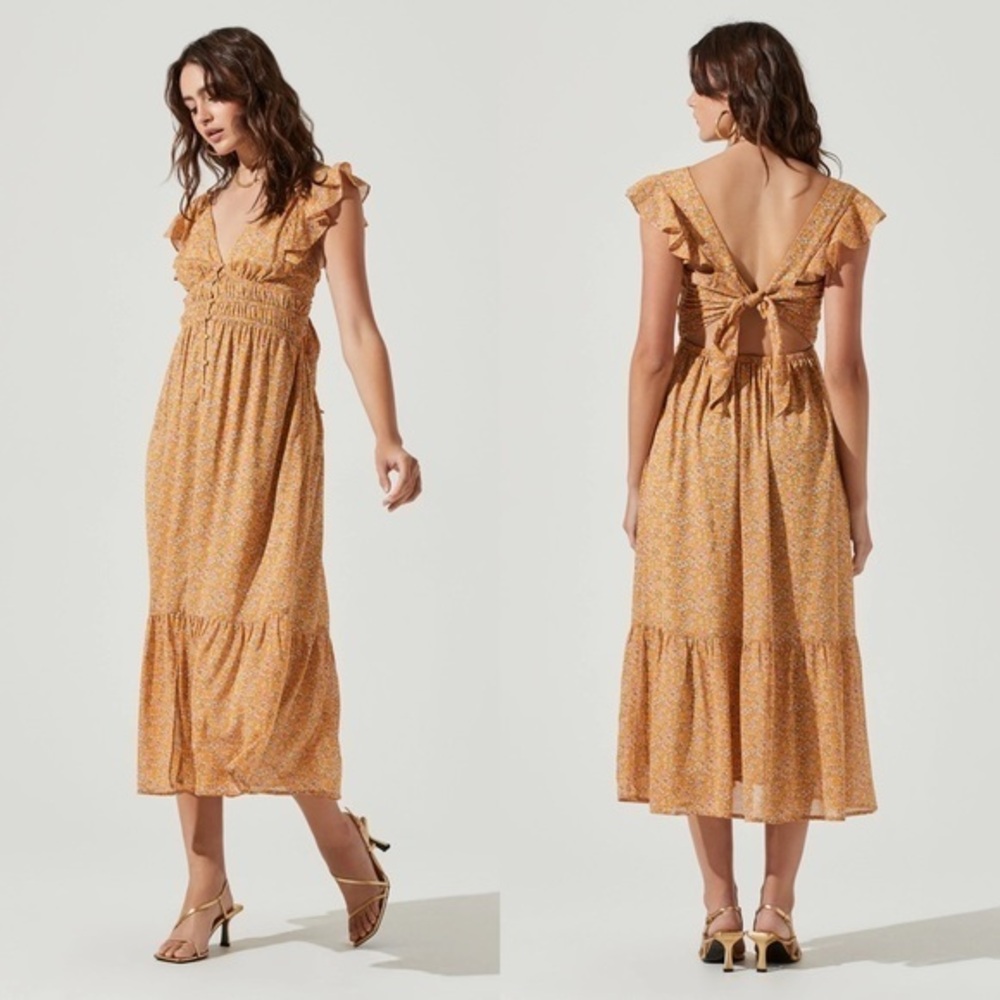 ASTR The Label Montreal Floral Ruffle Cutout Midi Dress Size Large